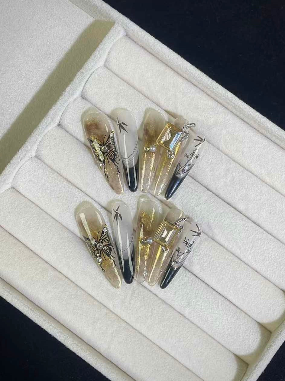 Retro Golden Ombre Butterfly French Tips